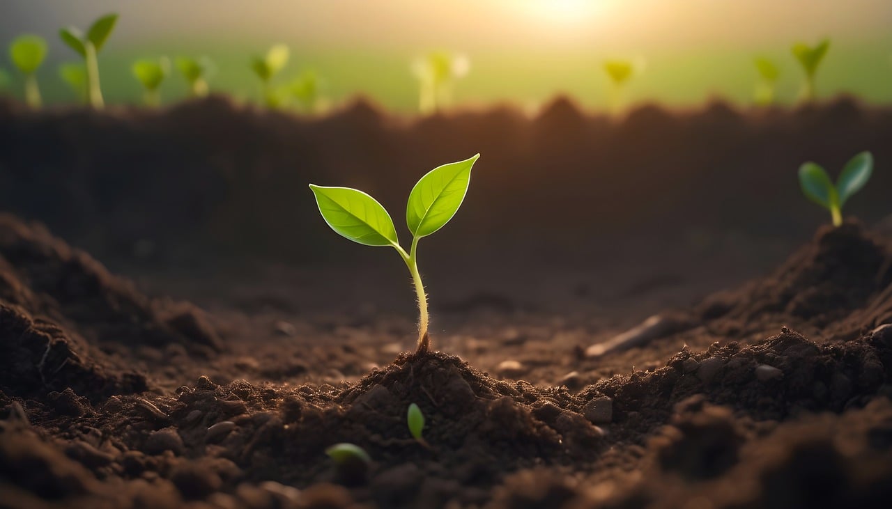 Green plant sprouting from the earth with other plants and sun in background